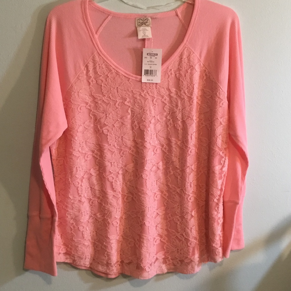 Kohl's Pink/Peach Lace-Front Long Sleeve Scoop Neck Top